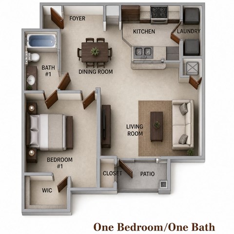 Floor plan for 1 bed, 1 bath, 800 sqft